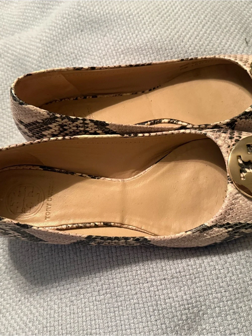 Tory Burch Pink-Beige Snake-Print Logo Ballet Flats
